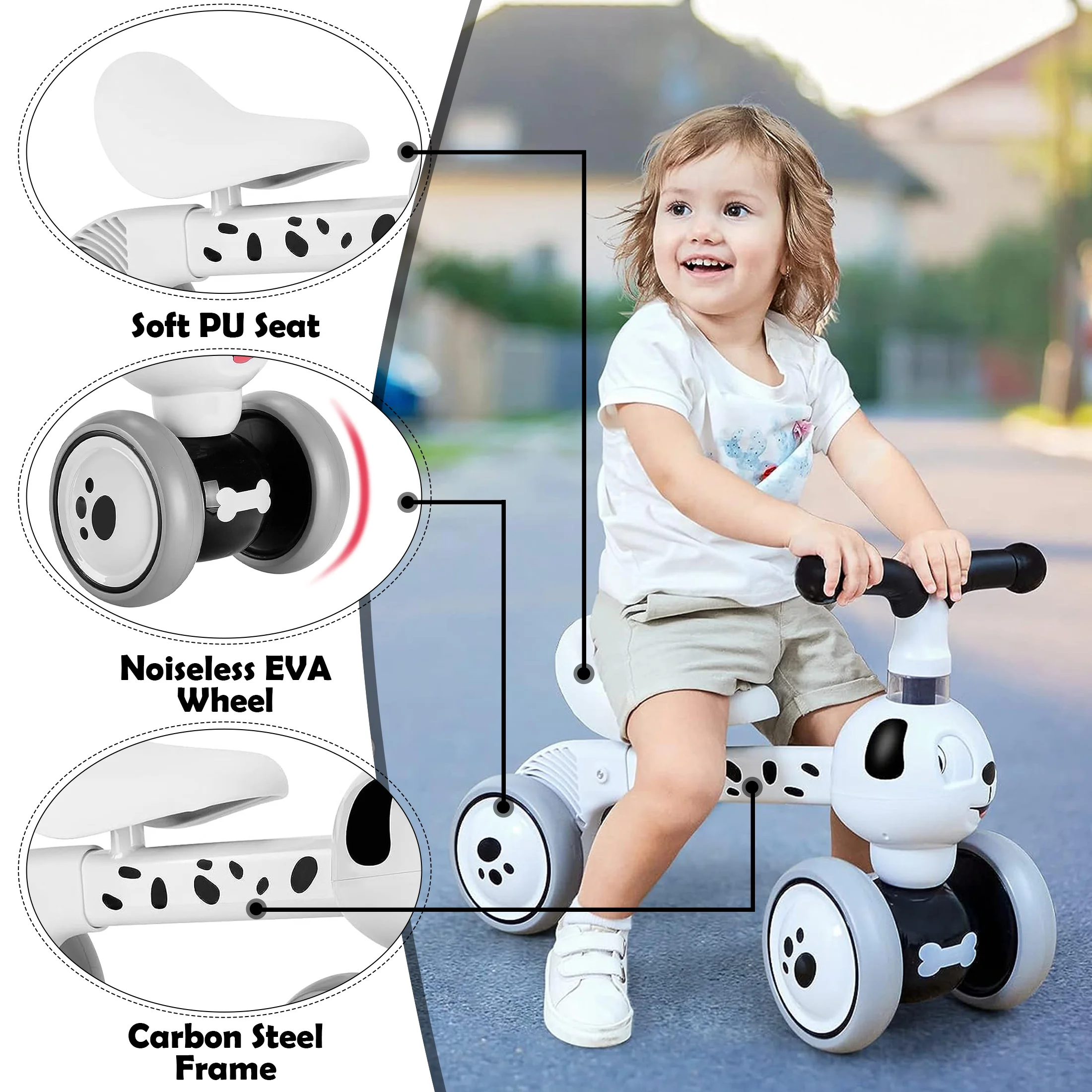Baby Balance Bike 4‑Wheel Cute Dalmatian Dog Shape Toddler No‑Pedal Sliding Bicycle Kids Ride On Toy For 12‑36 Months Boys Girls Indoor Outdoor Birthday Present