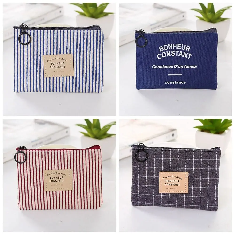 with Key Ring Square Stripe Print Coin Purse Small Zipper Canvas Letter Wallet Case Card Holder Coin Pouch Change Purse Kid