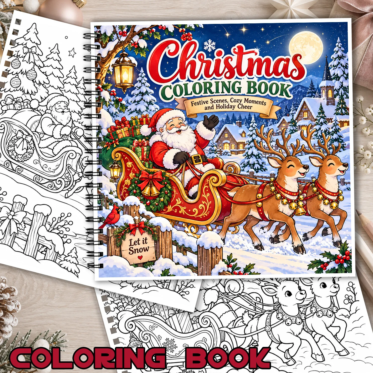 Christmas Coloring Book Spiral Bound 24Pages Showcasing Creativity & Relieving Stress Design Festive Santa Sleigh Scene