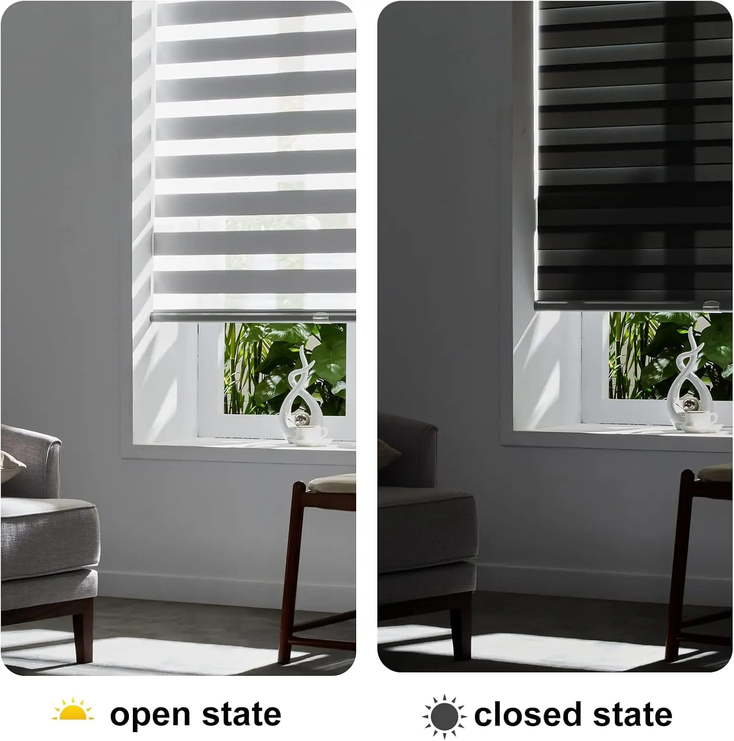 Cordless Zebra Blinds For Windows Light Filtering Sheer Layered Window Shades For Living Room Bedroom Kitchen Office Modern Privacy Dual Layer Roller Blind Grey Color view 4