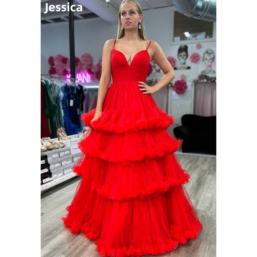 Jessica Sweetheart Red Wedding Dress Fluffy Curly Tulle Layering Prom Dresses V-neck Elegant Ladies Bespoke Occasion Dresses