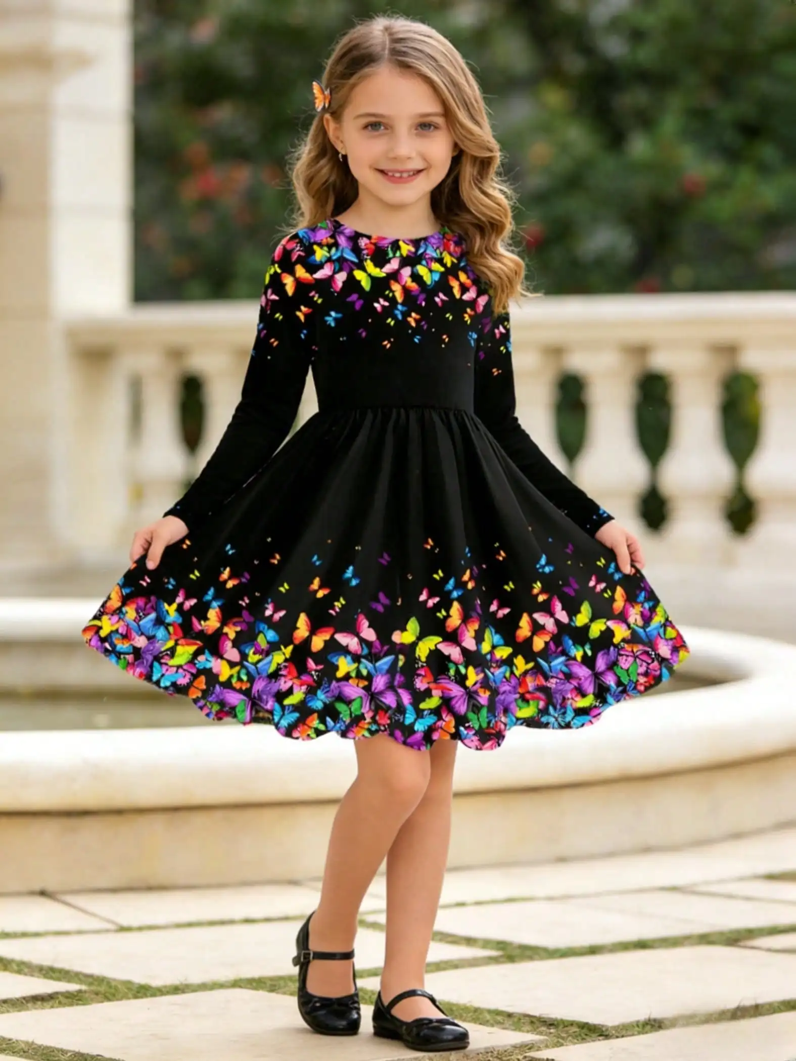 Schwarzes Langarmkleid mit Schmetterlingsmädchen-Motiv, Blumenmuster, Rundhalsausschnitt, Ganzjahres-Freizeitkleid – Detail 2