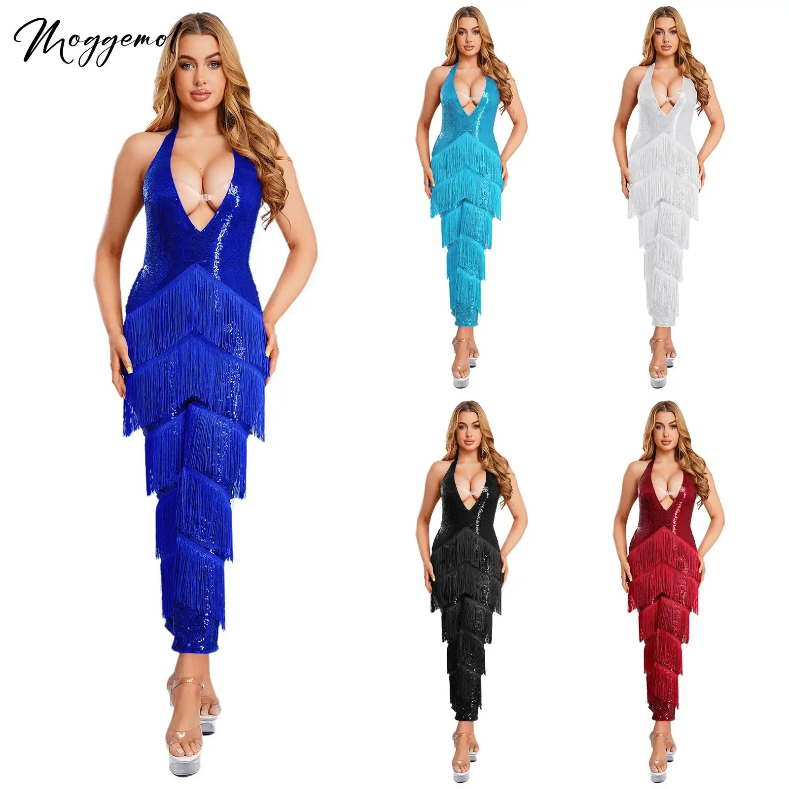 Macacão feminino de lantejoulas brilhantes, macacão de lantejoulas, halter, decote em v profundo, costas nuas, franjas em camadas, borla, body para dança de baile latino