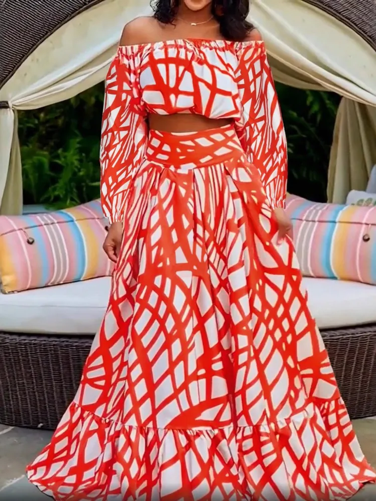 Two Piece Set Plus Size Clothes Summer Autumn Off Shoulder Long Sleeve Top And Maxi Skirt Women Sets Streetwear Office Lady Suit