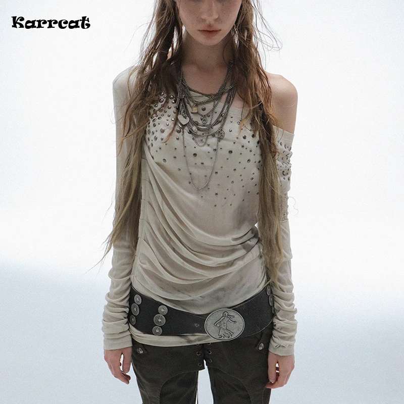 

Karrcat Гранж Эстетика Топы с открытыми плечами Trashy Y2k Футболка с принтом бриллиантов Винтаж Стиль 2000-х Уличная одежда Панк Американский Ретро