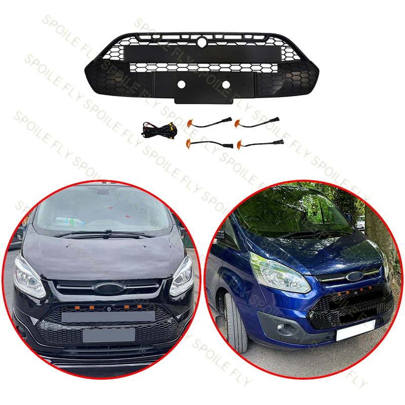 

For Ford Transit Custom 2012-2018 Pre-FaceLift Model High Quality ABS Car Front Bumper Grille Glossy Black With 4/Pcs LED Lamp