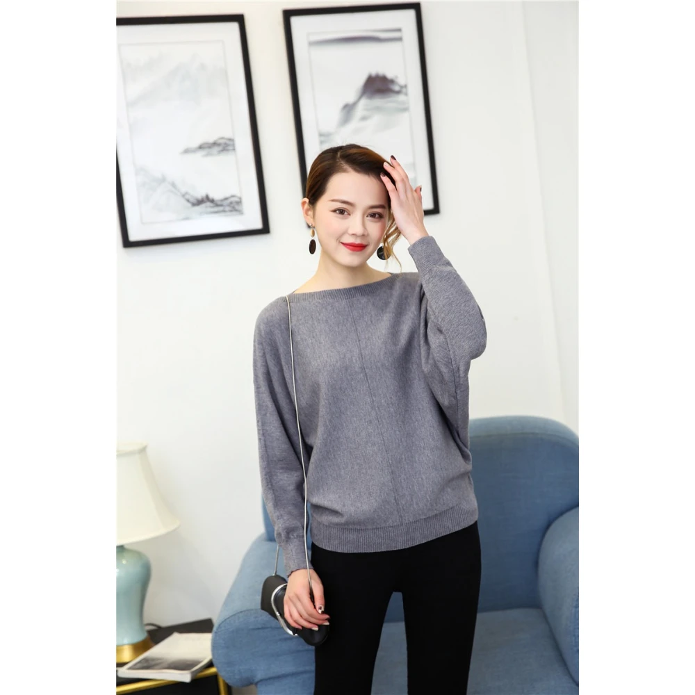 Women Boat Neck Batwing Sleeve Solid Color Knit Sweater Loose Soft Knitted Pullover Casual Long Sleeve Tops For Spring Autumn