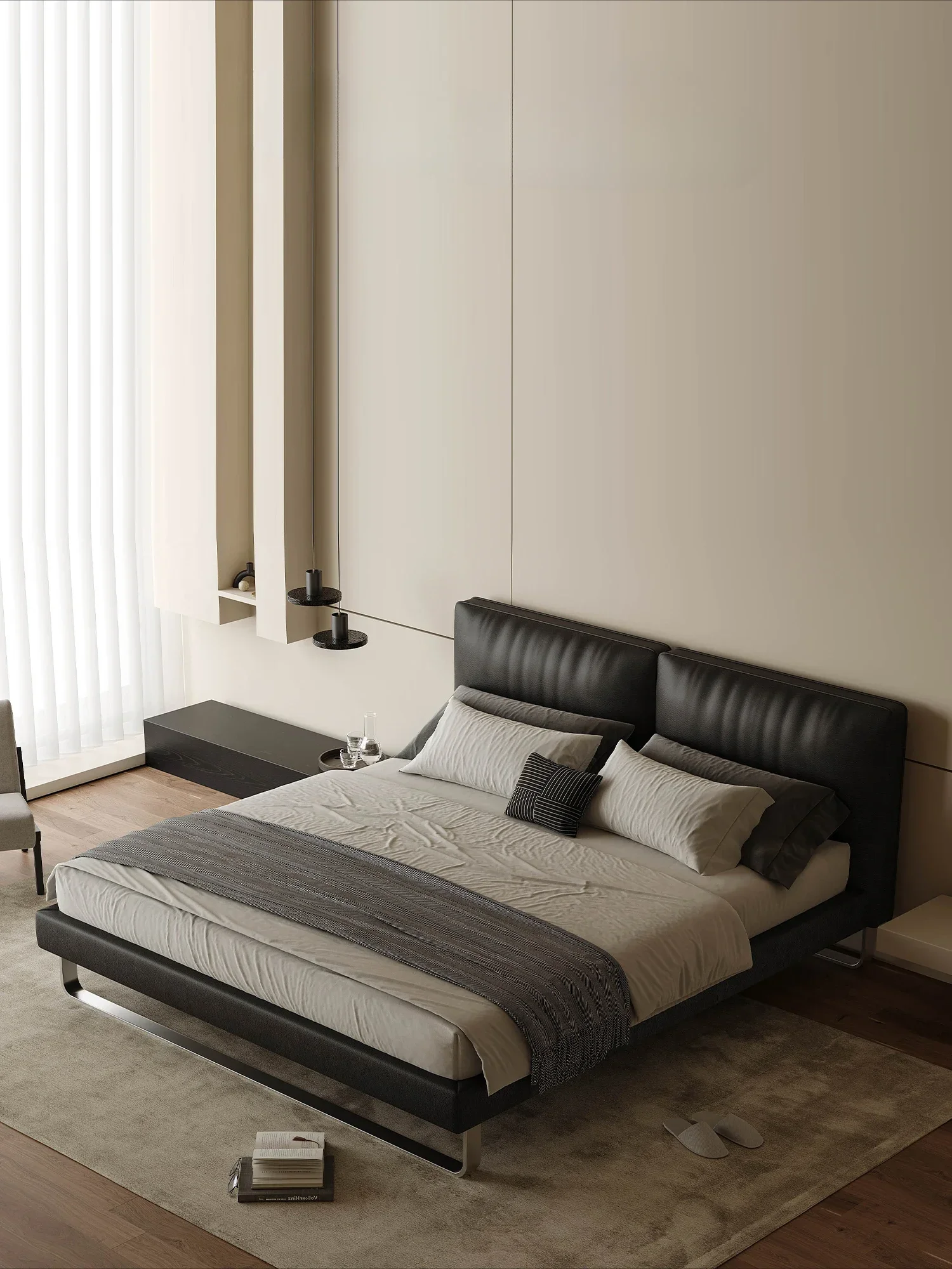 

Минималистичная кожаная кровать, двуспальная главная спальня, первый слой из воловьей кожи, мягкая сумка-кровать, элитная свадебная кровать ваби с ветром 1,8