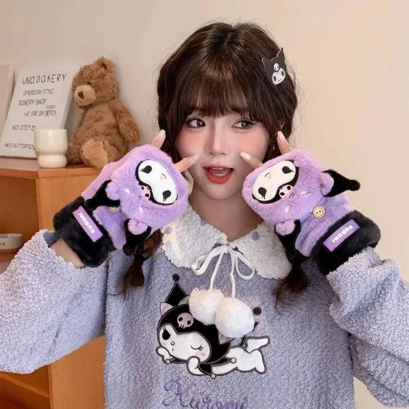 Cold-Proof Glove My Melody Adult Plush Glove Kawaii Kuromi Gloves Flip Half Finger Screen Touch Warm Gloves Winter Gift - Image 4