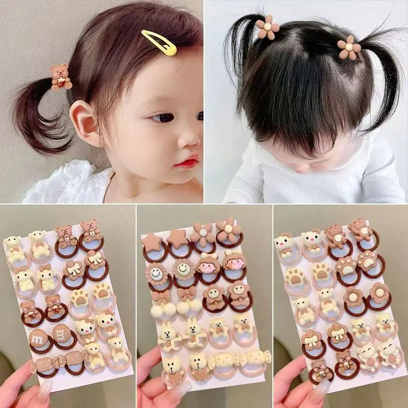 10Pcs/Set Girls Cute Flowers Little Bear Rubber Bands Elastic Hair Bands Kids Ponytail Holder Scrunchie Fashion Hair Accessories