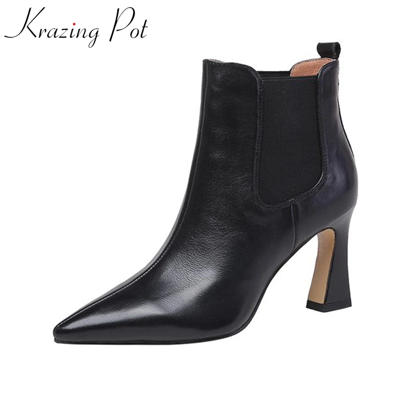 Krazing Pot Genuine Leather Pointed Toe Winter Chelsea Boots Modern High Heels Vintage Office Lady Luxury Concise Ankle Boots