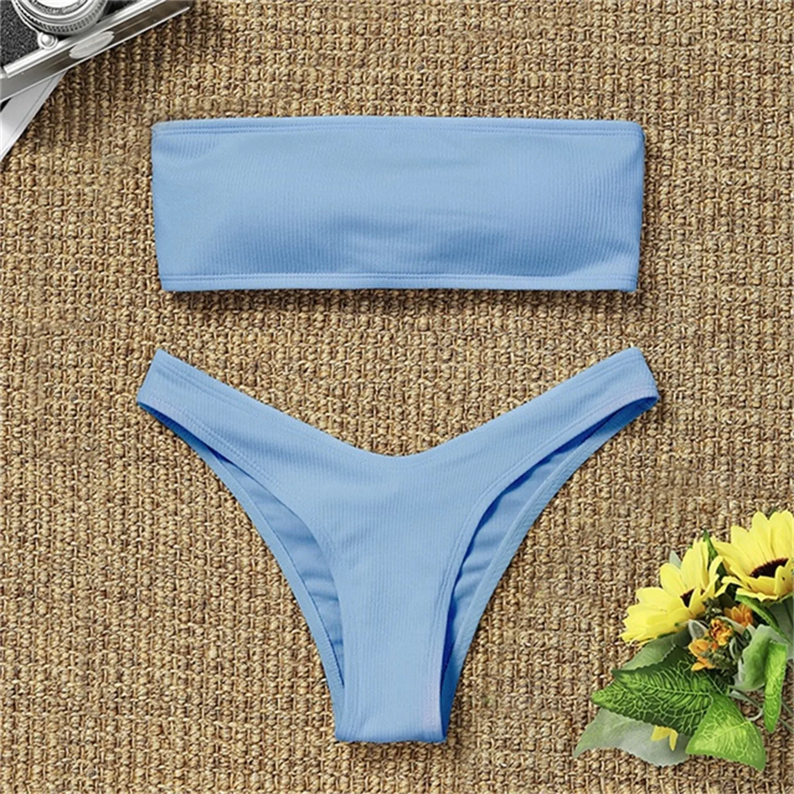 Zestaw bikini bandeau damskie stroje kąpielowe prążkowane jednokolorowe stringi bikini stringi strój kąpielowy bez ramiączek kostiumy kąpielowe