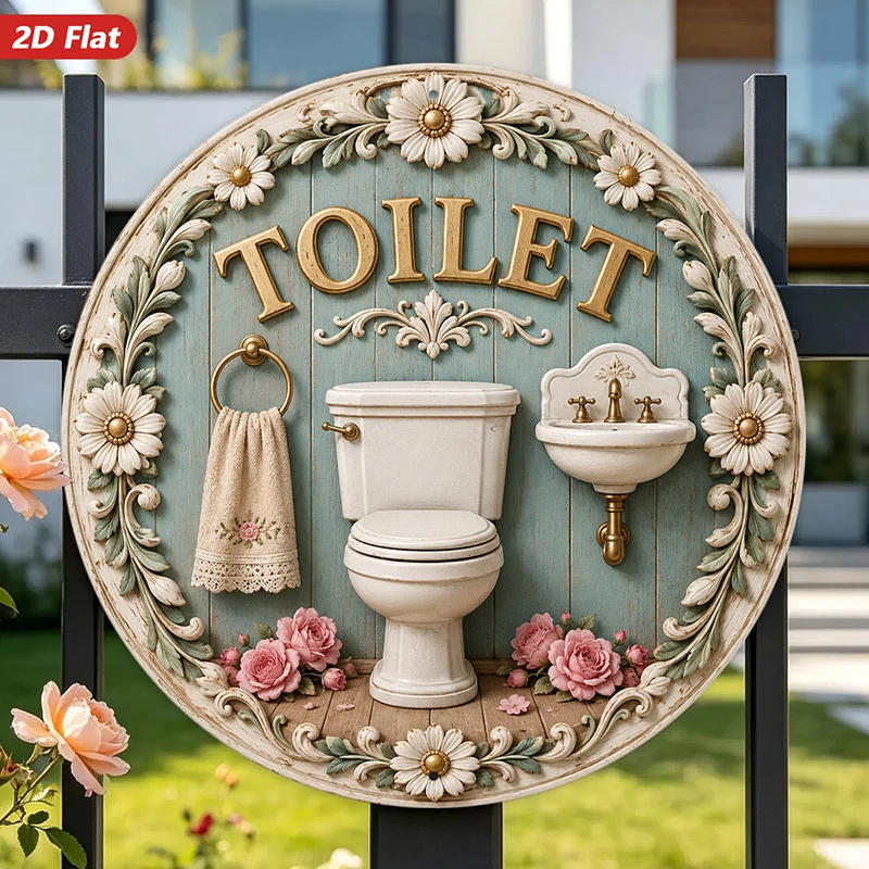2/1 Piece Set of Large 2D Flat Wooden Signs, Vintage Floral Bathroom-Themed Decorative Wooden Signs, Light Blue Distressed Wood Grain Circular Base, Featuring Toilet, Washbasin, and Rose Daisy Border Patterns, with the English Word Toilet Printed, Purely for Decoration, Not a Real Directional Sign, Suitable for Bathroom Wall Decoration, for Those Who Love French Vintage Pastoral Soft Decor Style