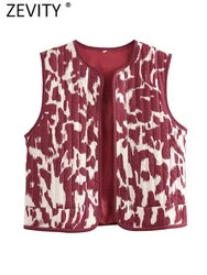 Zevity 2024 Women Y2K Graffiti Print O Neck Quilted Cotton Vest Jacket Ladies Retro Open Stitching Slim WaistCoat Tops CT7129