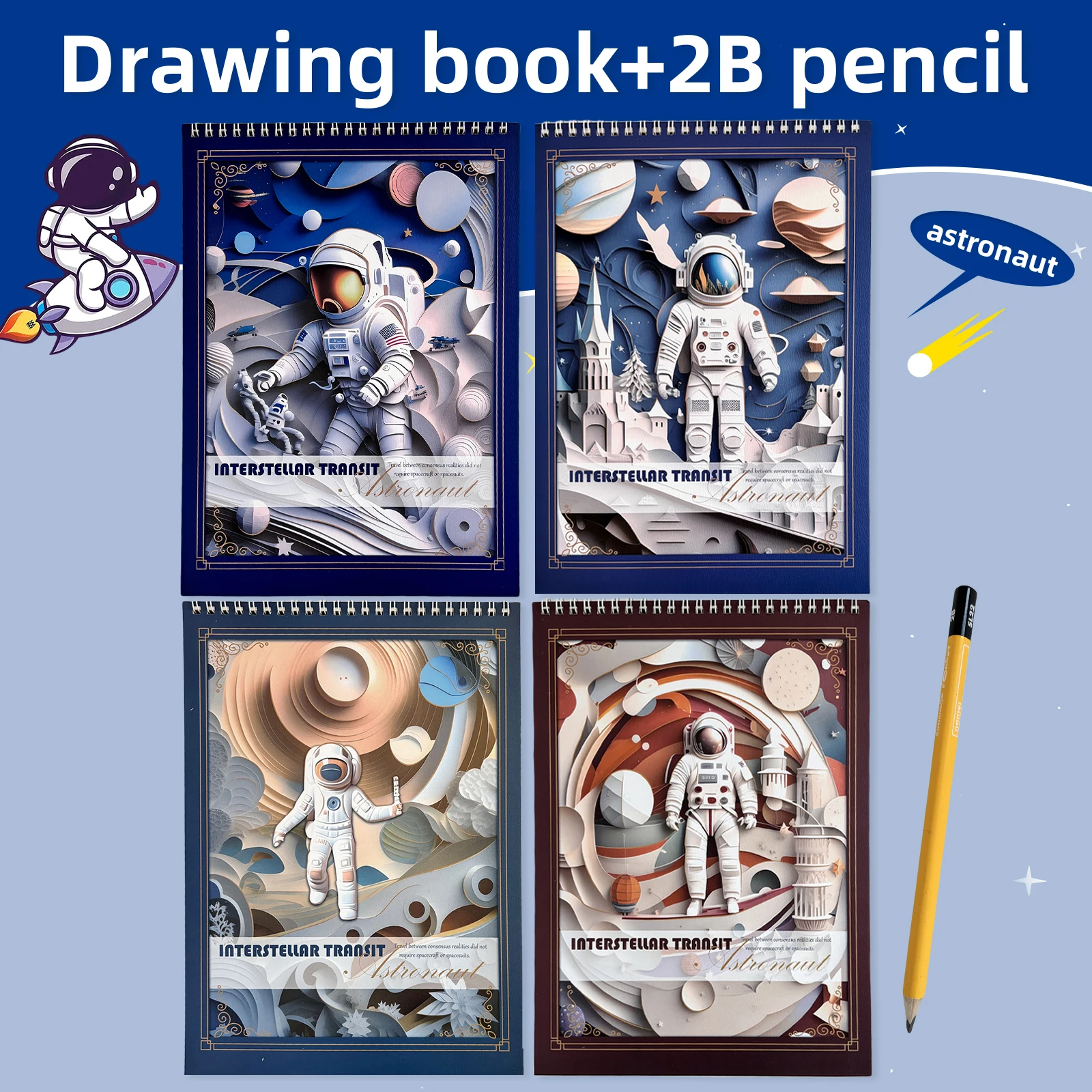 Astronaut Sketchbook A4 size with a 2B pencil Fluid drawing Stylish Gifts