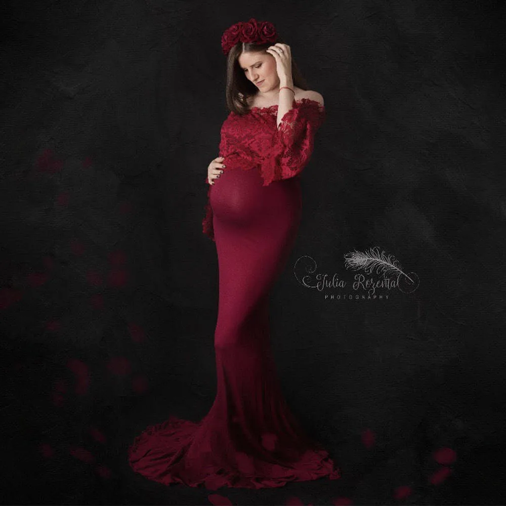 

Shoulderless Maternity Dress Photography Dresses For Pregnant Women Photo Shoot Props Lace Pregnancy Flared Sleeve Red Maxi Gown