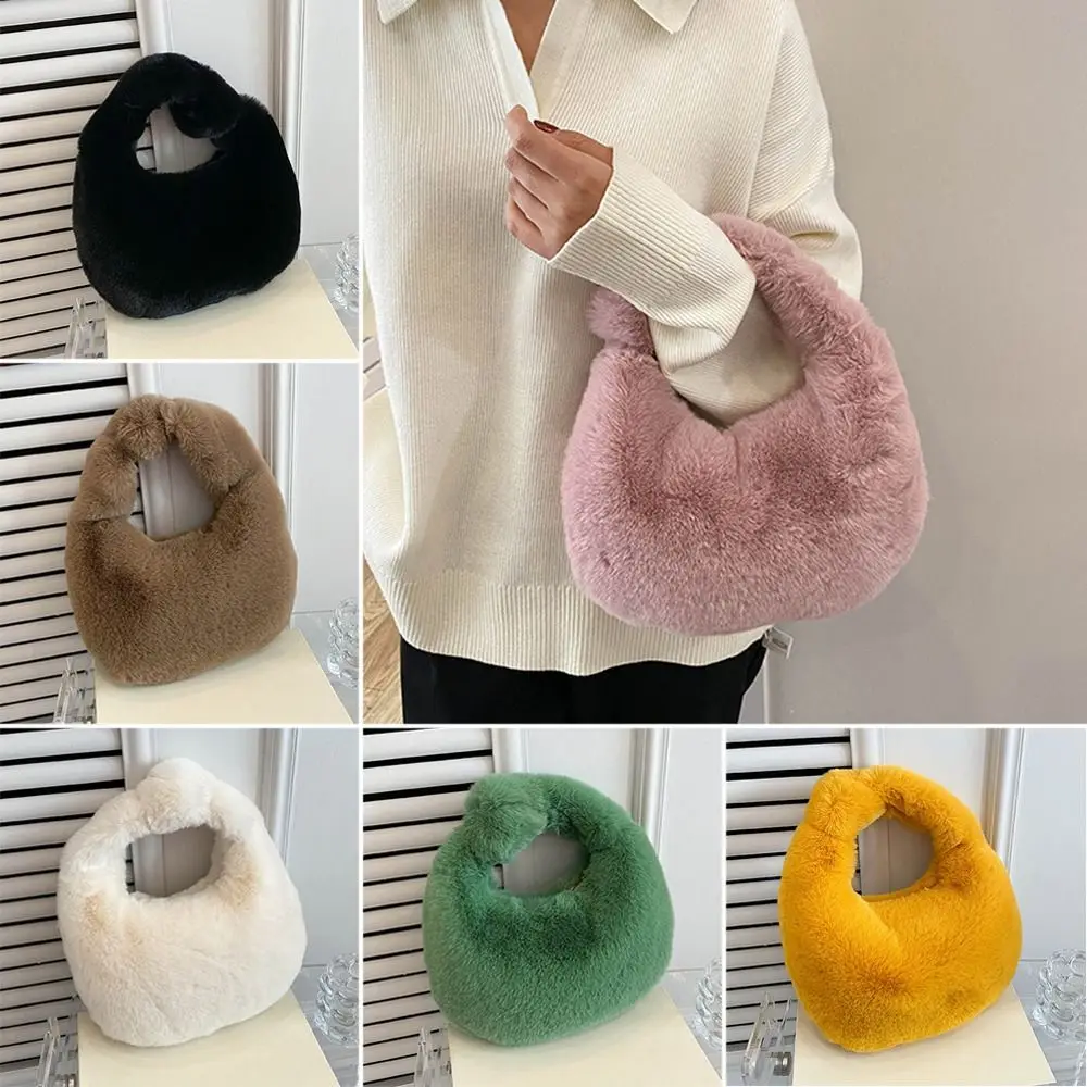 Fashion Furry Warm Plush Coin Purses Half Moon Bag Wrist Bags Fur Handbags