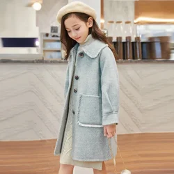 2024 Spring Autumn Long Jacket Girls Kids Clothes Korean Woolen Coat Whole Outerwear Child Fashion Overcoat 3 To 6 8 14 Years