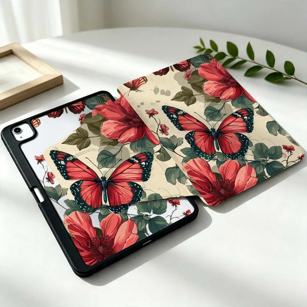Artistic Red Butterfly Flowers For Samsung Galaxy Tab S11 S10 S9 S8 A11 FE Plus Ultra 360° Rotation Stylus Storage Tablet Case