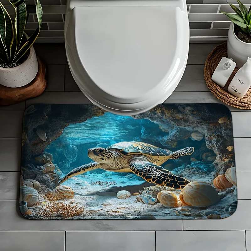 3pcs ​​Turtle Hatchling Bath Mat Set - Non-Slip Flannel Rug & Lid Cover for Whimsical Bathroom Decor & Nature Lover Style​