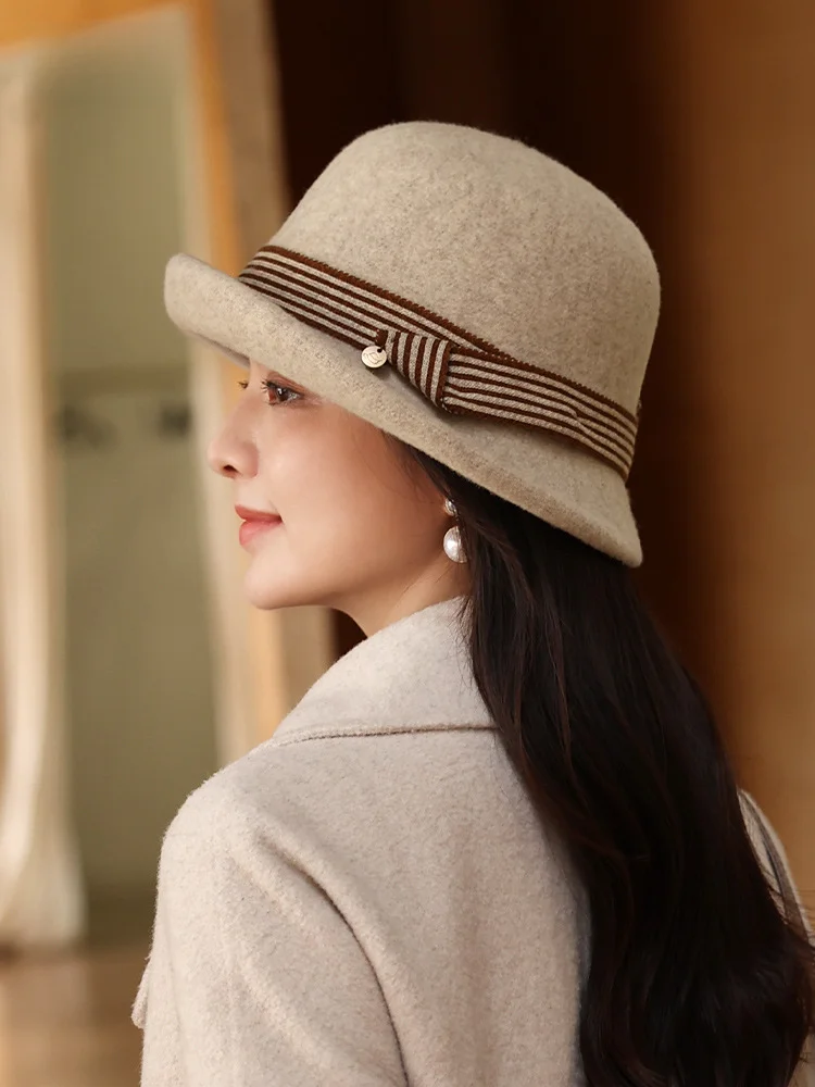 Autumn Winter Ladies Fashionable Foldable Small Gift Hat Wool Pile Cap Round Top Breathable Warm Adjustable Size Sweet Style