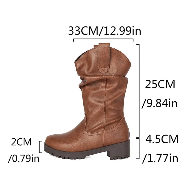 Boots for Women Round Toe Low Chunky Heel Pull On Faux PU Wrinkled Booties Casual Fall Winter Comfortable Fashion Shoes