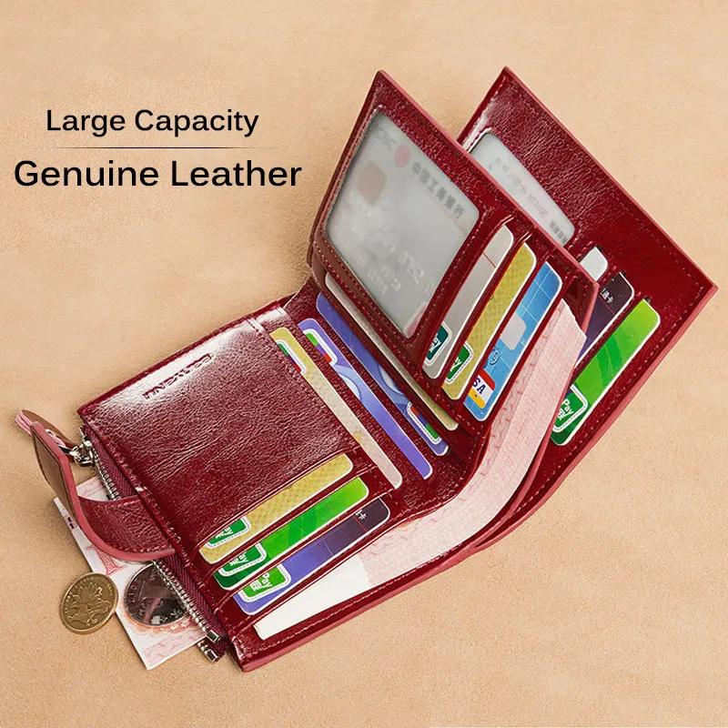 Genuine Leather Women Three Fold Wallet RFID Blocking Card Holders Short Female Zipper Coin Purse Multi Function Money Clip