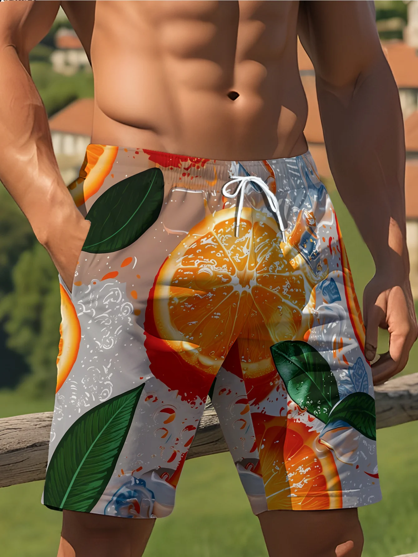 

Mens Orange Slice Soda Splash Print Quick Dry Drawstring Beach Swim Board Shorts 2026