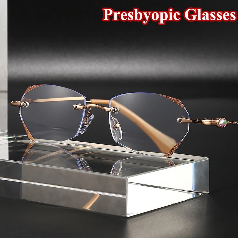 

Luxury Presbyopic Glasses Women Rimless Diamond Cut Frame Anti Blue Light Reading Eyeglasses Ladies Eyewear Diopter 0 To +4.0