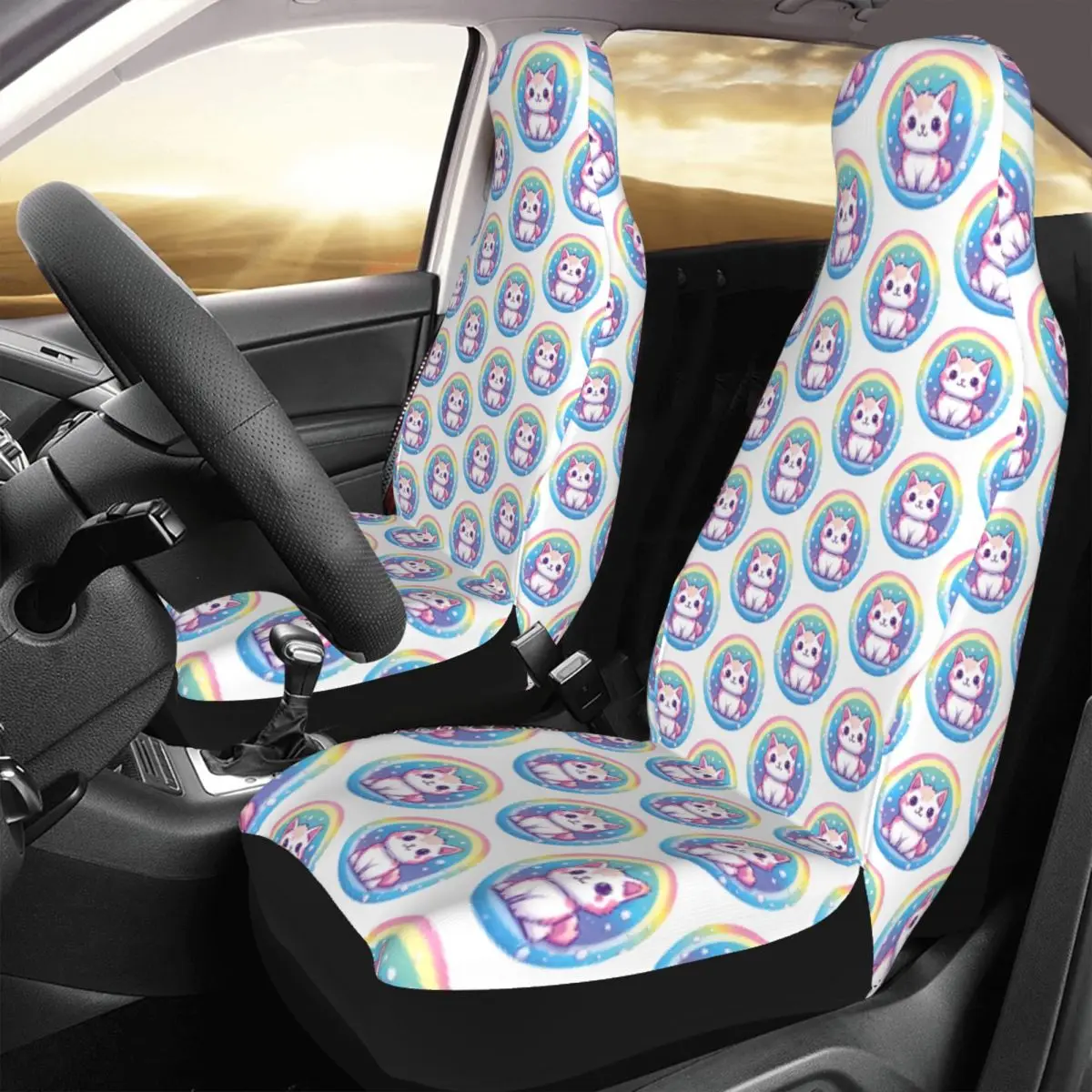 

Cute Cat Rainbow Circle Car Seat Cover Custom Printing Universal Front Protector Accessories Cushion Set