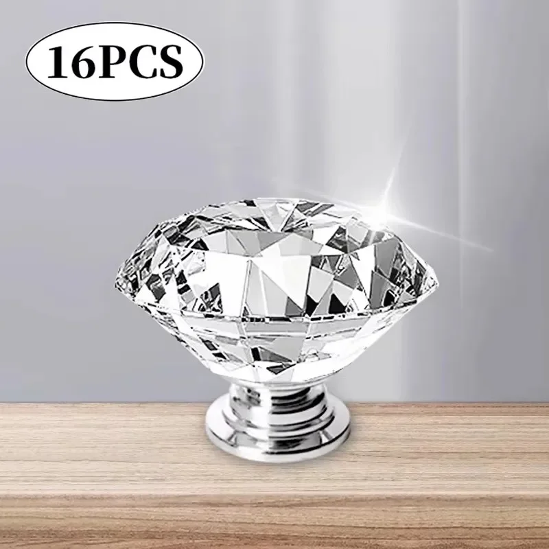 16Pcs Diamond Furniture Door Knobs Crystal Glass Pot Cover Handles Cabinet Pull Decorative for Dresser Cupboard Wardrobe