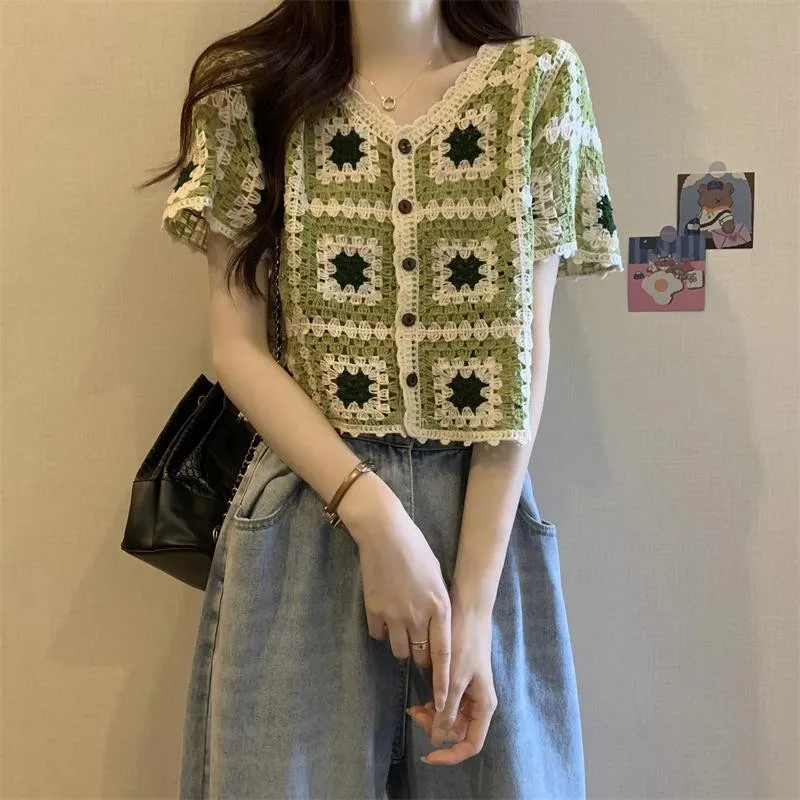 Granny Squares Crochet Top Short Sleeve Open Knit Crop Cardigan Blouse Women\'s Summer Fairycore Cottagecore Vintage Outfit