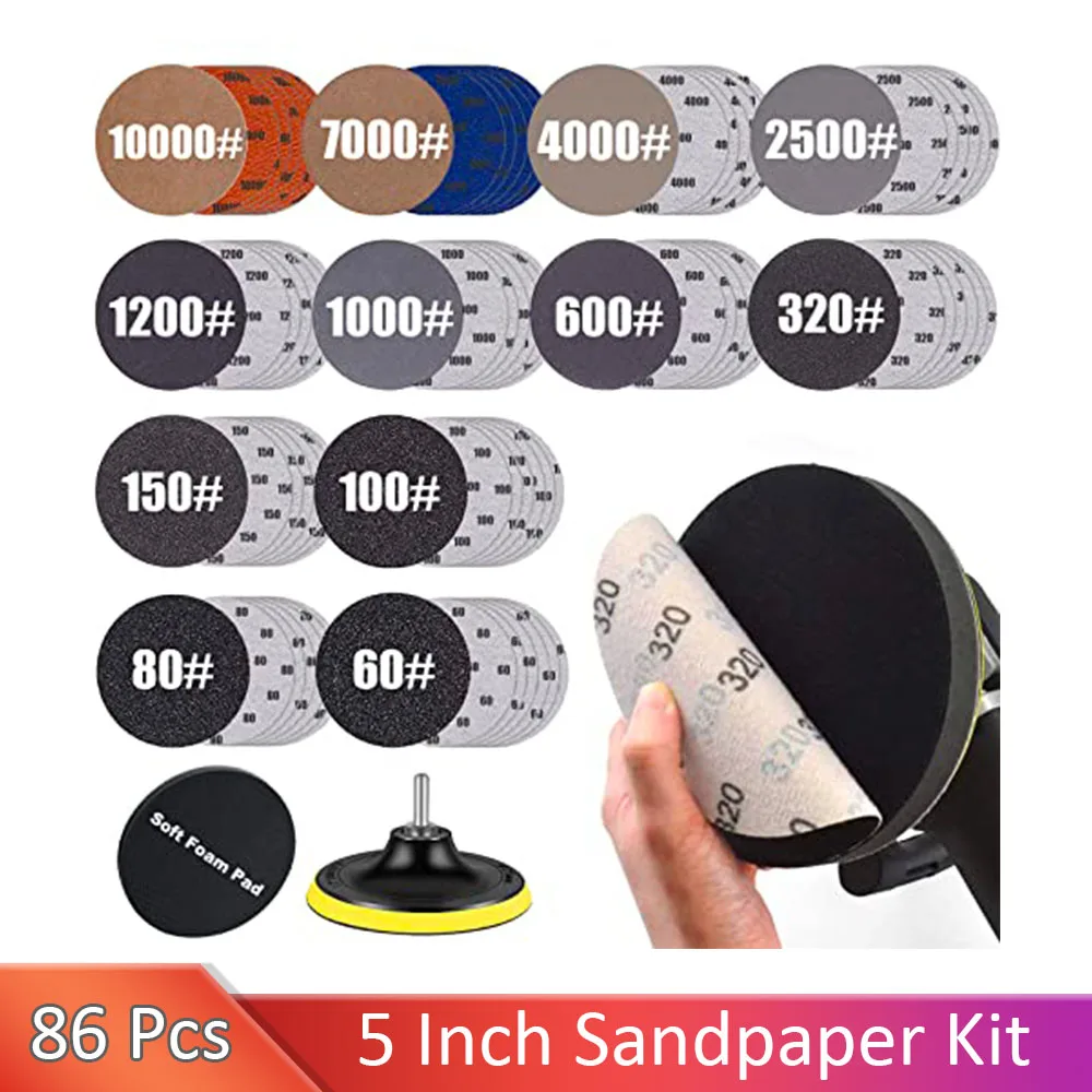 

86 Pcs 5 Inch Sandpaper 60-10000 Grit and 5-inch Backing Pad Set, Wet Dry Electric Hook &Loop Sanding Disc with Pad Grinding