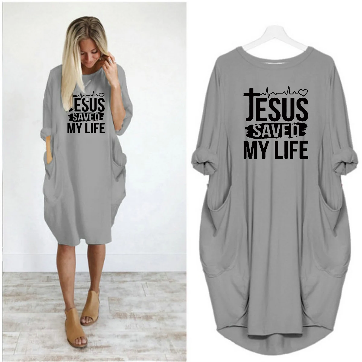 Women's Summer Loose JESUS SAVED MYLIFE Print Round Neck Long Sleeve Pocket Comfortable Casual Plus Size Dress