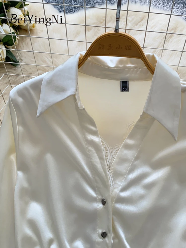 Beiyingni Camicie eleganti in raso di lusso per le donne Design Sexy Patchwork di pizzo Bottoni Fasciatura incrociata Crop Top Donna Camicette coreane