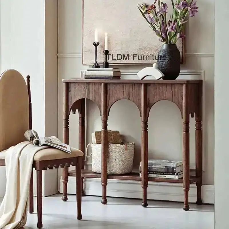 وحدة التحكم في مدخل الشمال غرفة المعيشة المنزل طاولات أثاث عالية الساق المدخل الأمريكي خزانة الرجعية تخزين الصلبة طاولة جانبية خشبية #2