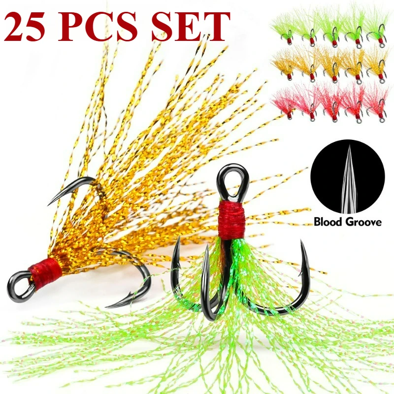 

25 PCS Set 5 for each size High-carbon Steel with Feathers Barbs Three-anchor Lure Fishhook Gold-plated Fishing accessories