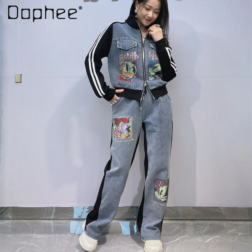 

Короткий кардиган с длинными рукавами на молнии и прямые брюки, комплект из двух предметов для женщин, осенние комплекты джинсовых брюк со стразами