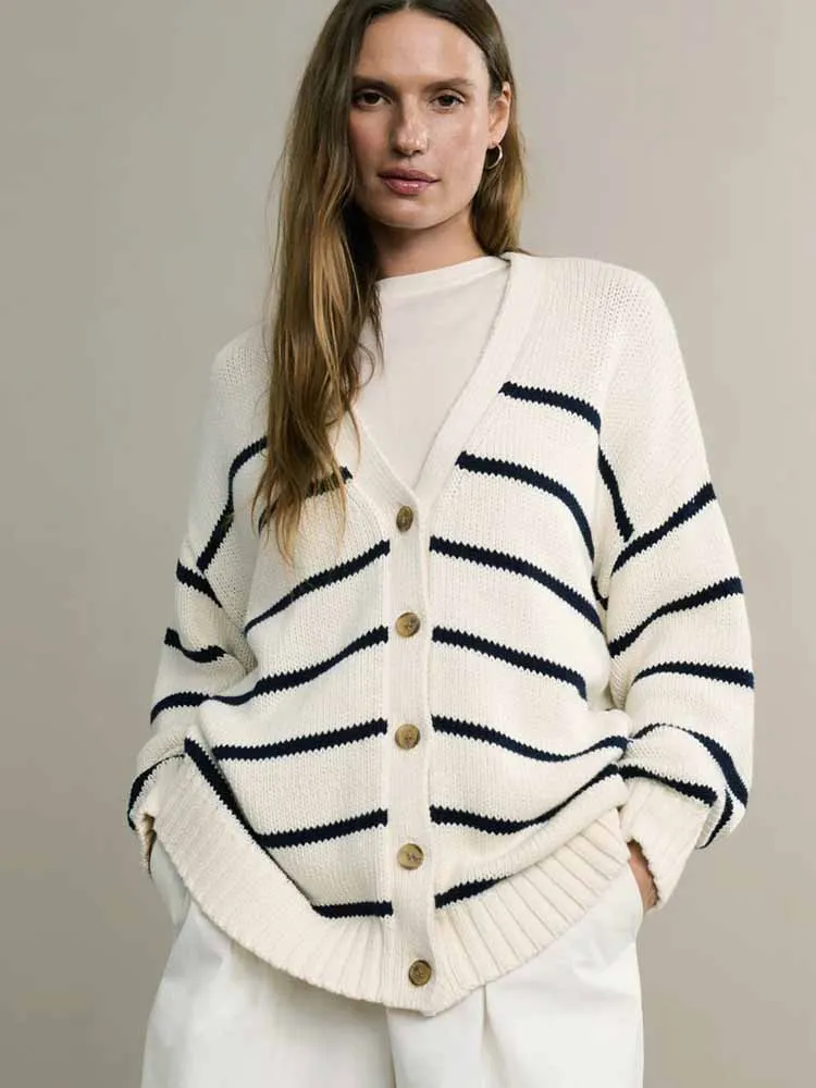 

BKQU Casual Striped V-Neck Knit Cardigan Women Autumn Winter Cotton Long Sleeve Thickened Warm Loose Sweater Outerwear 2025 New