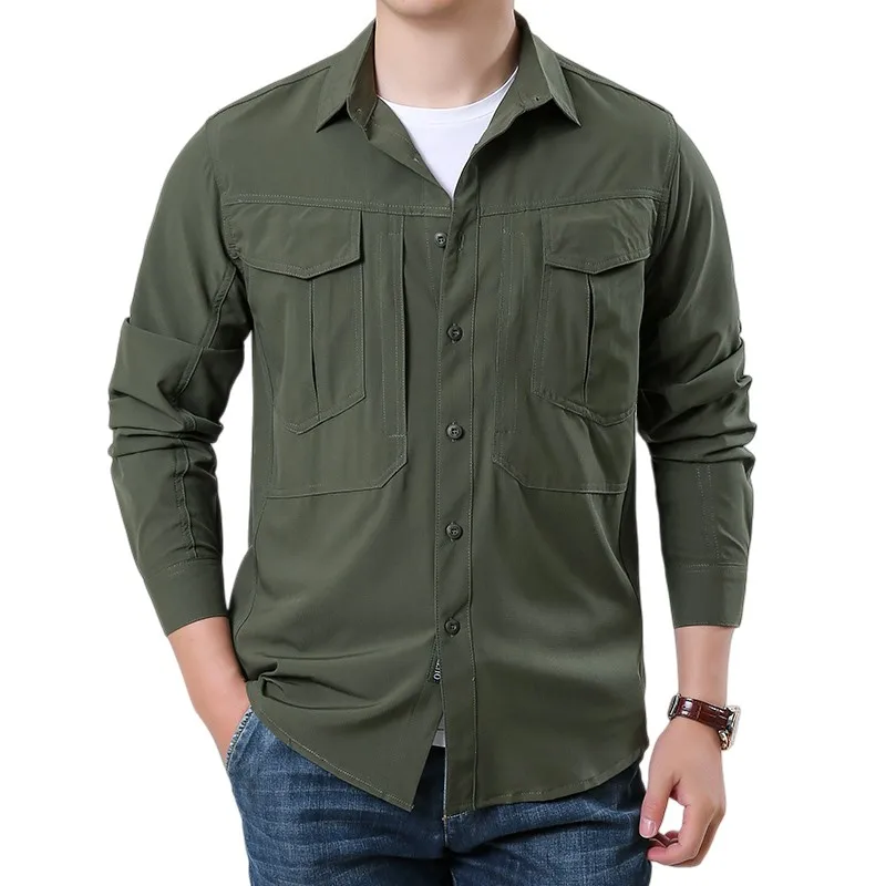 Men Long Sleeve Shirt Men Multi-Pockets Tactical Work Shirts Spring Autumn Outdoor Casual Breathable Hiking Fishing Cargo Shirts