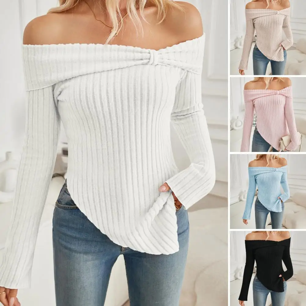 Women Tops Off Shoulder Long Sleeve Irregular Side Slit Hem T-shirt Solid Color Slim Fit Blouse Knot Design Ribbed Pullover Tops