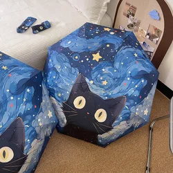 Van Gogh cartoon cat black vinyl folding umbrella professional sun protection and UV protection umbrella for sunny and rainy day
