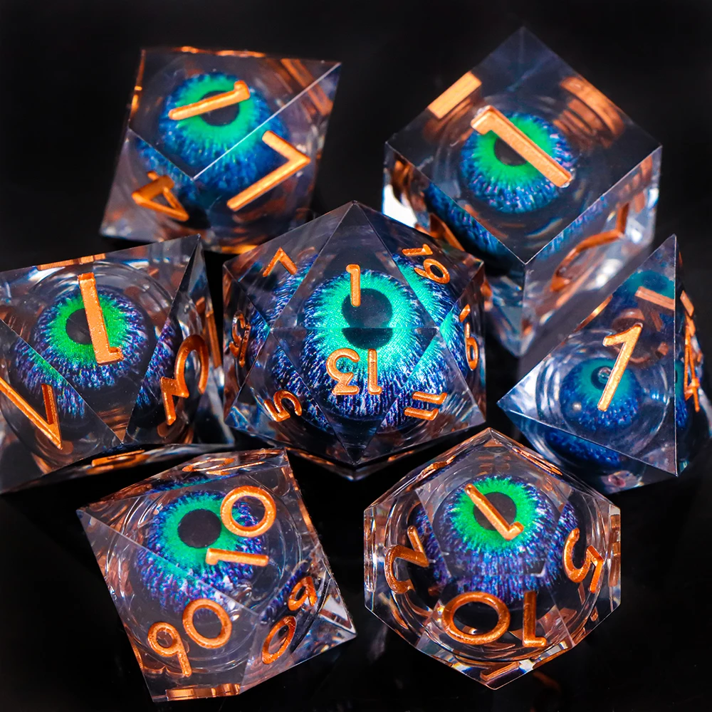 Conjunto de dados de olho de dragão de resina - dados de jogos de 7 peças para RPG DND, masmorras e dragões, entretenimento de mesa premium