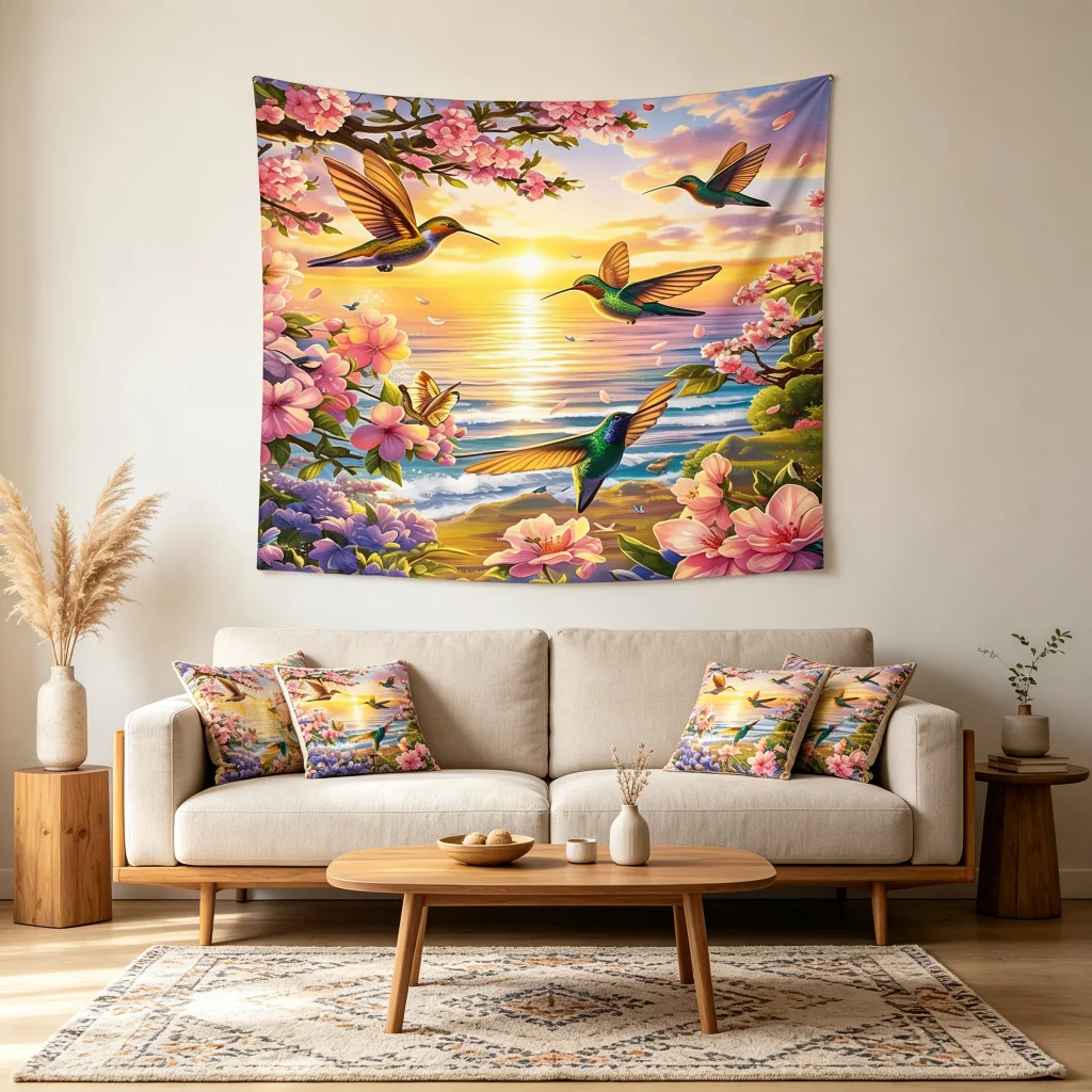 1PC Hummingbird Cherry Art Print Backdrop Banner, Bedroom Living Room Photo Background, Polyester, Home Decor, Wall Art