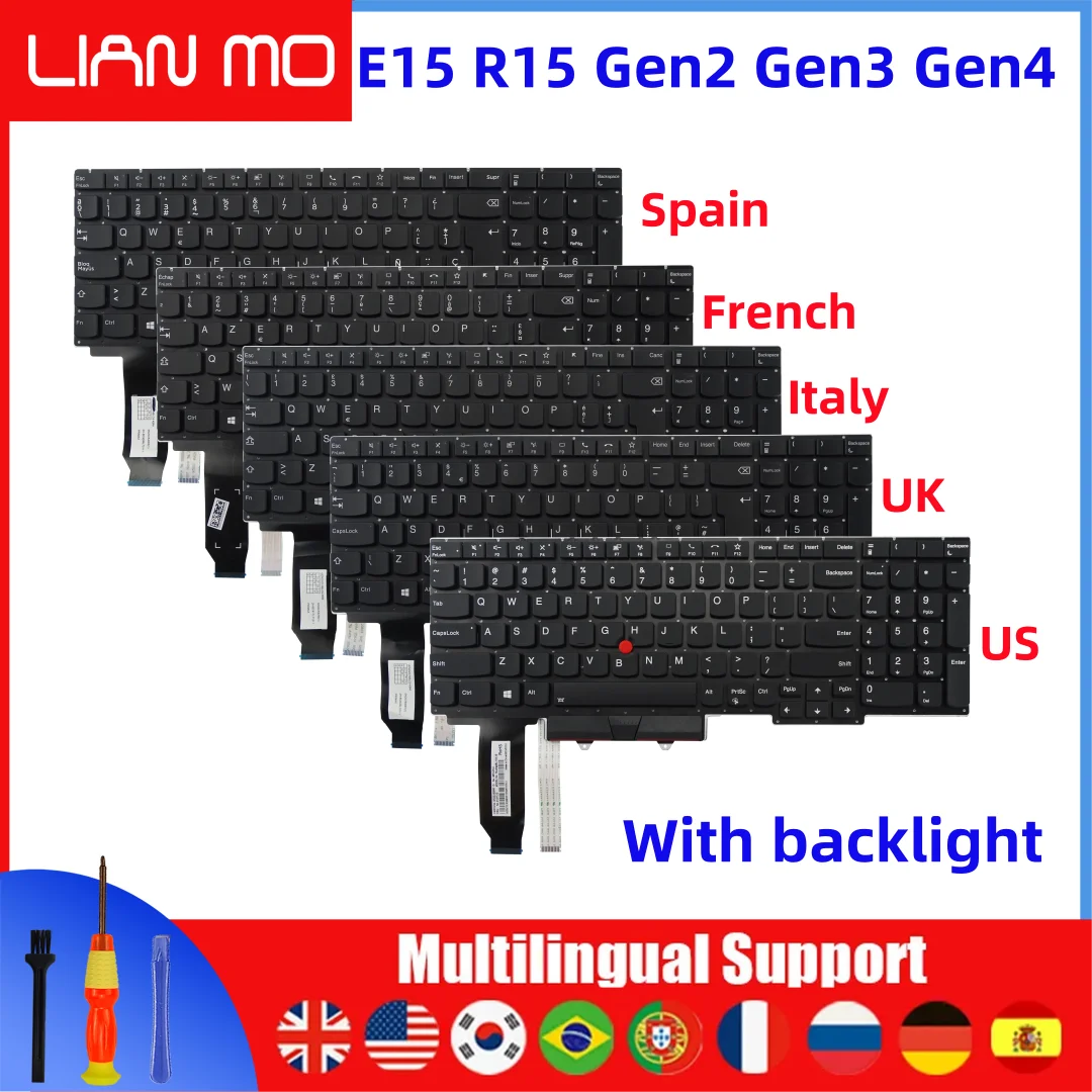 US/UK/Russian/French/Spanish/Italy notebook Keyboard Suitable for Lenovo Thinkpad E15 R15 Gen2 Gen3 Gen4 Backlit keyboard