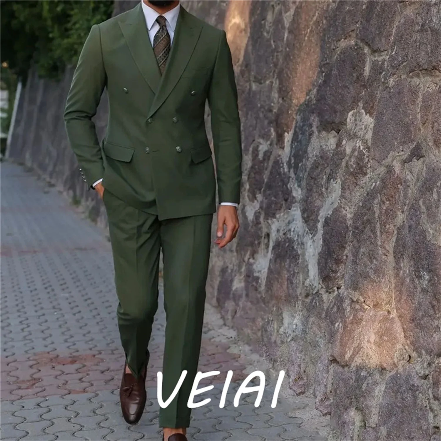

CustomizedMen Suit Blazers Business Suit For Men Army Green Double Breasted Slim Fit Sets Party Costume Homme Mariage Groom Wear
