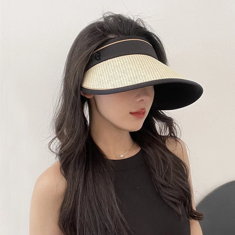 Women Straw Sun Visor Hat Wide Brim Summer UV Protection Beach Cap Foldable Packale Korean Style Kpop