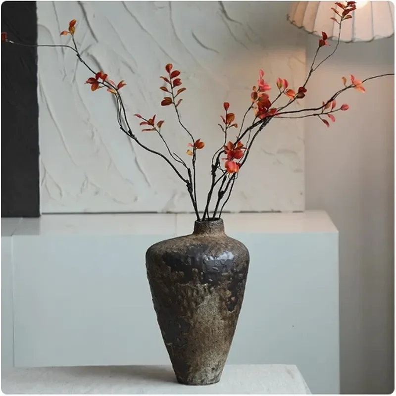Retro Handmade Ceramic Coarse Pottery Vase Wabi Sabi Style Small Mouth Flower Arrangement Dried Flower Zen Ornament for B&B