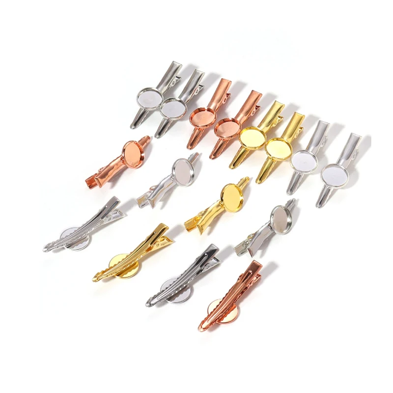 10pcs Iron Pointed Clip Flat Beak Clip With Bracket Hairpin With Tray Fit For 12mm Cabochon Hair Clip For DIY Headwear Jewelry