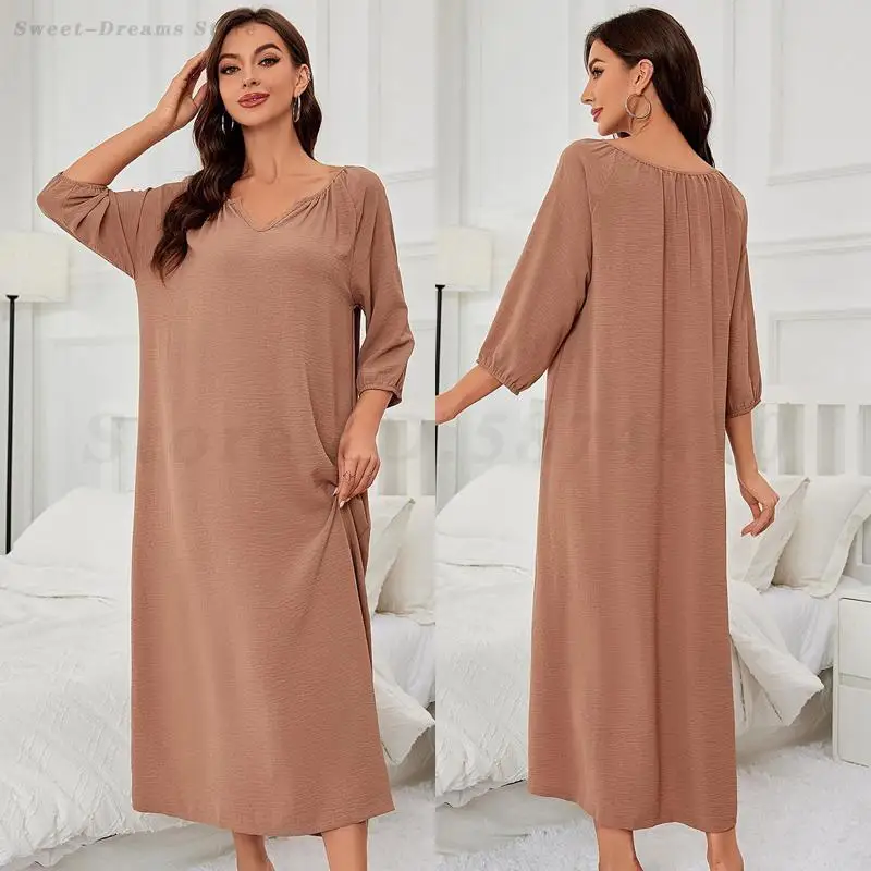

Female Nightgown New Spring Autumn V-Neck Long Nightdress Sleepwear Sexy Intimate Lingerie Nightwear Loose Home Dressing Gown